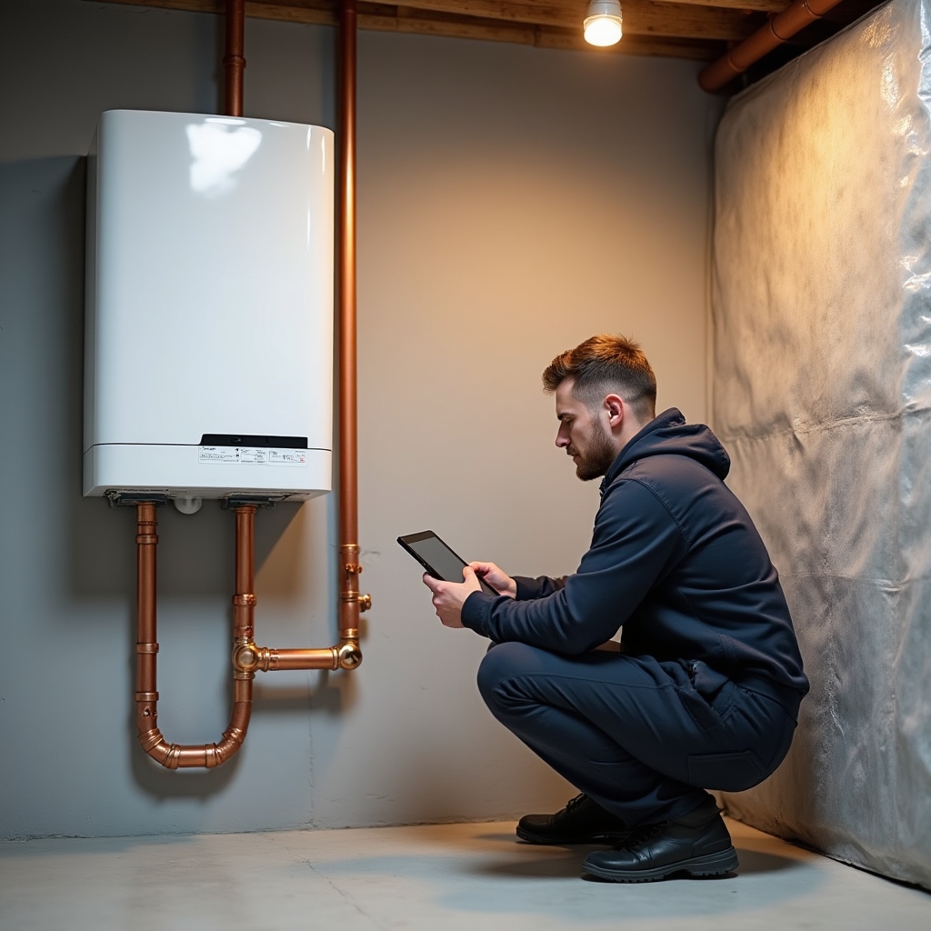 Moderne Wärmepumpe als gefördertes Heizsystem im Keller eines Wohngebäudes