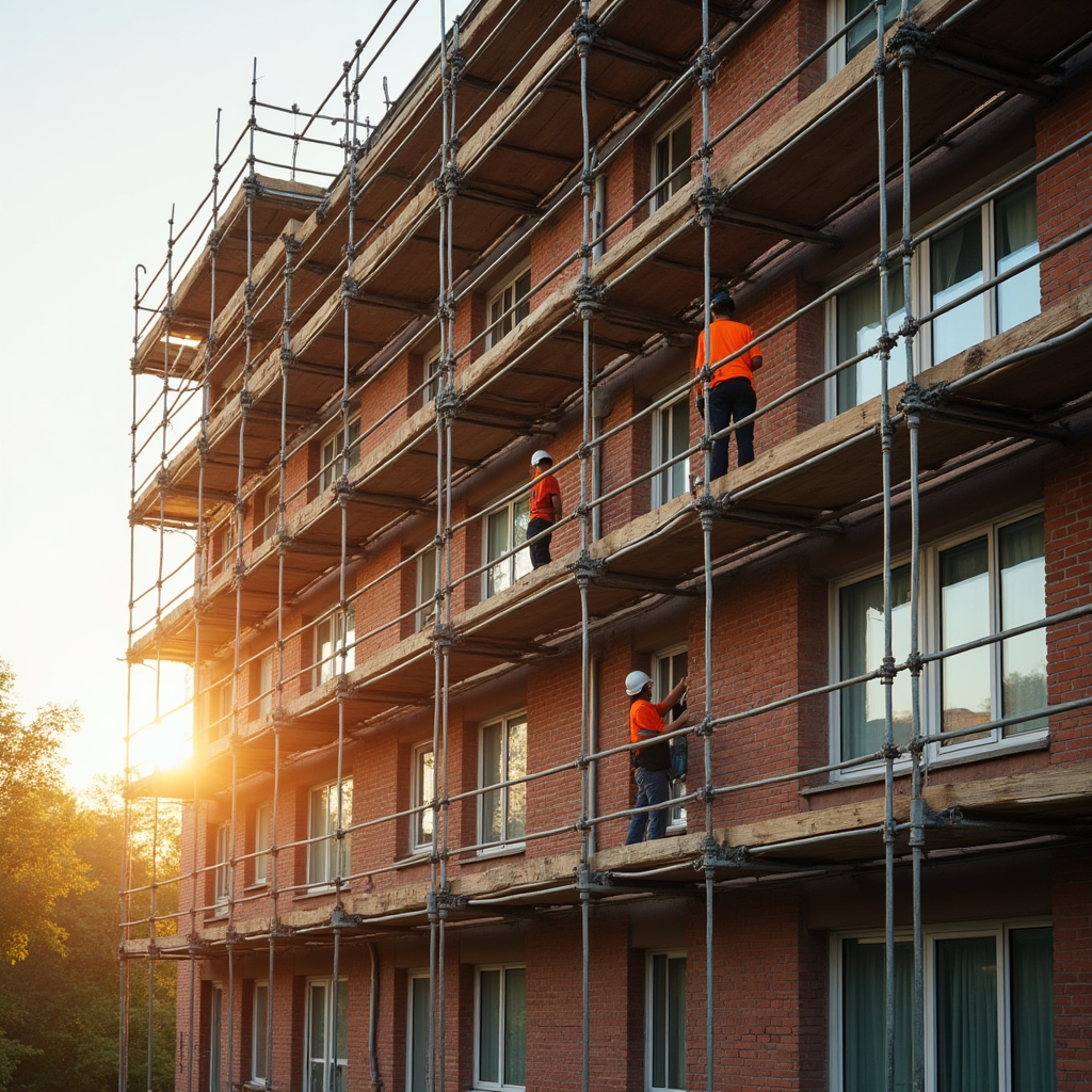 Baustelle bei Gebäudesanierung mit Gerüst und Wärmedämmung